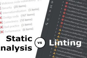 Two pictures of static code analysis results split on a diagonal with the title 'Static Analysis vs Linting' imposed.