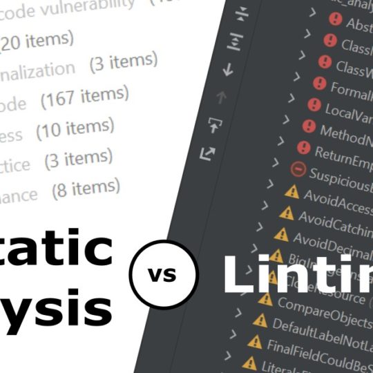 Two pictures of static code analysis results split on a diagonal with the title 'Static Analysis vs Linting' imposed.